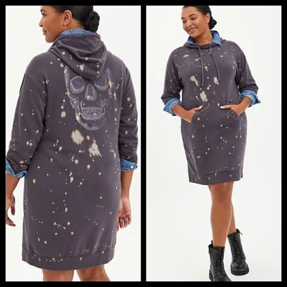1X 14W 16W Torrid Grey Bleach Splatter Sweatshirt Dress Fleece Skull Hood Lounge - Picture 1 of 9